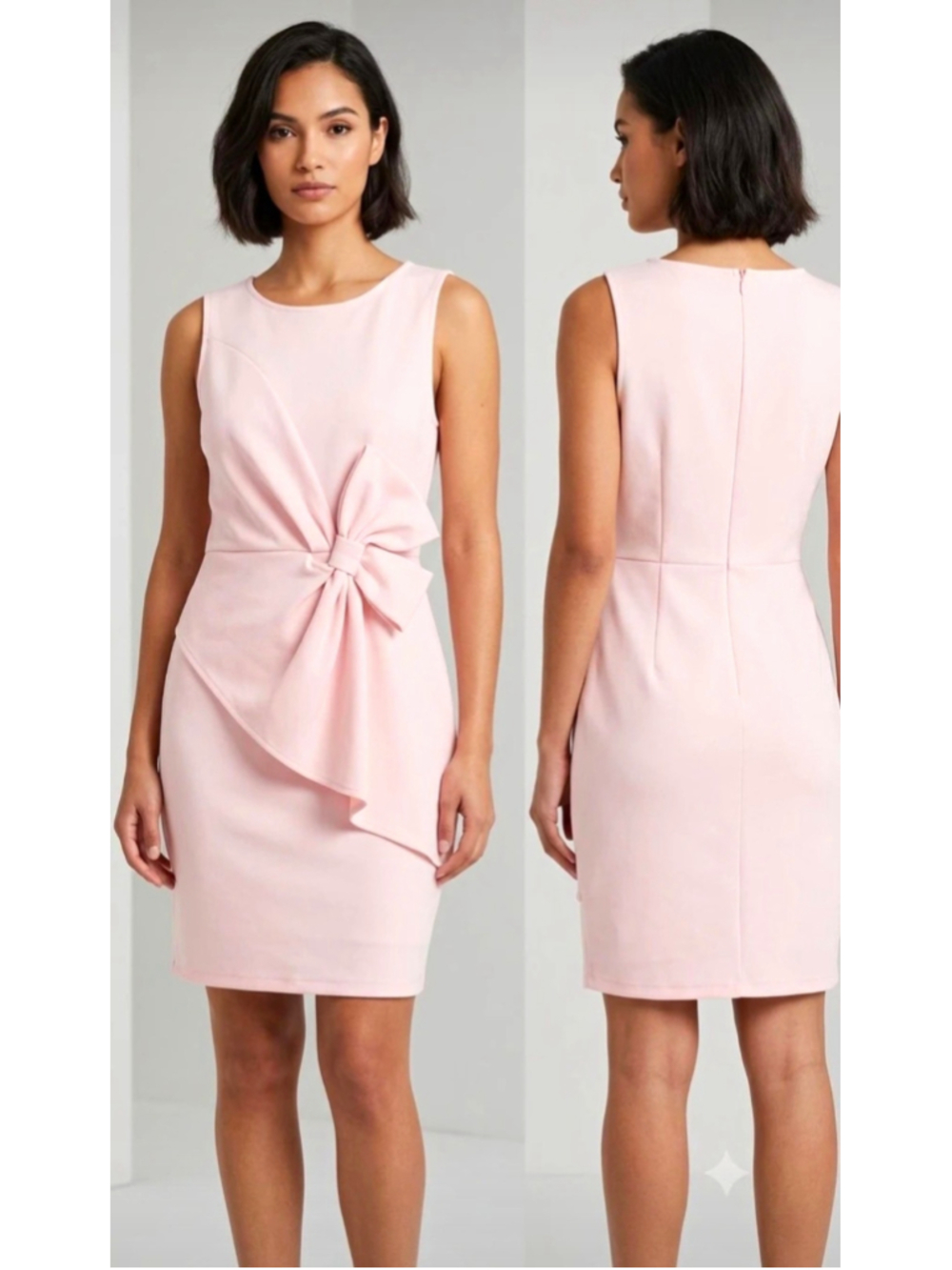 Pink Sleeveless Sheath Dress Bow Accent Round Neck Zip Knee Length 2XL